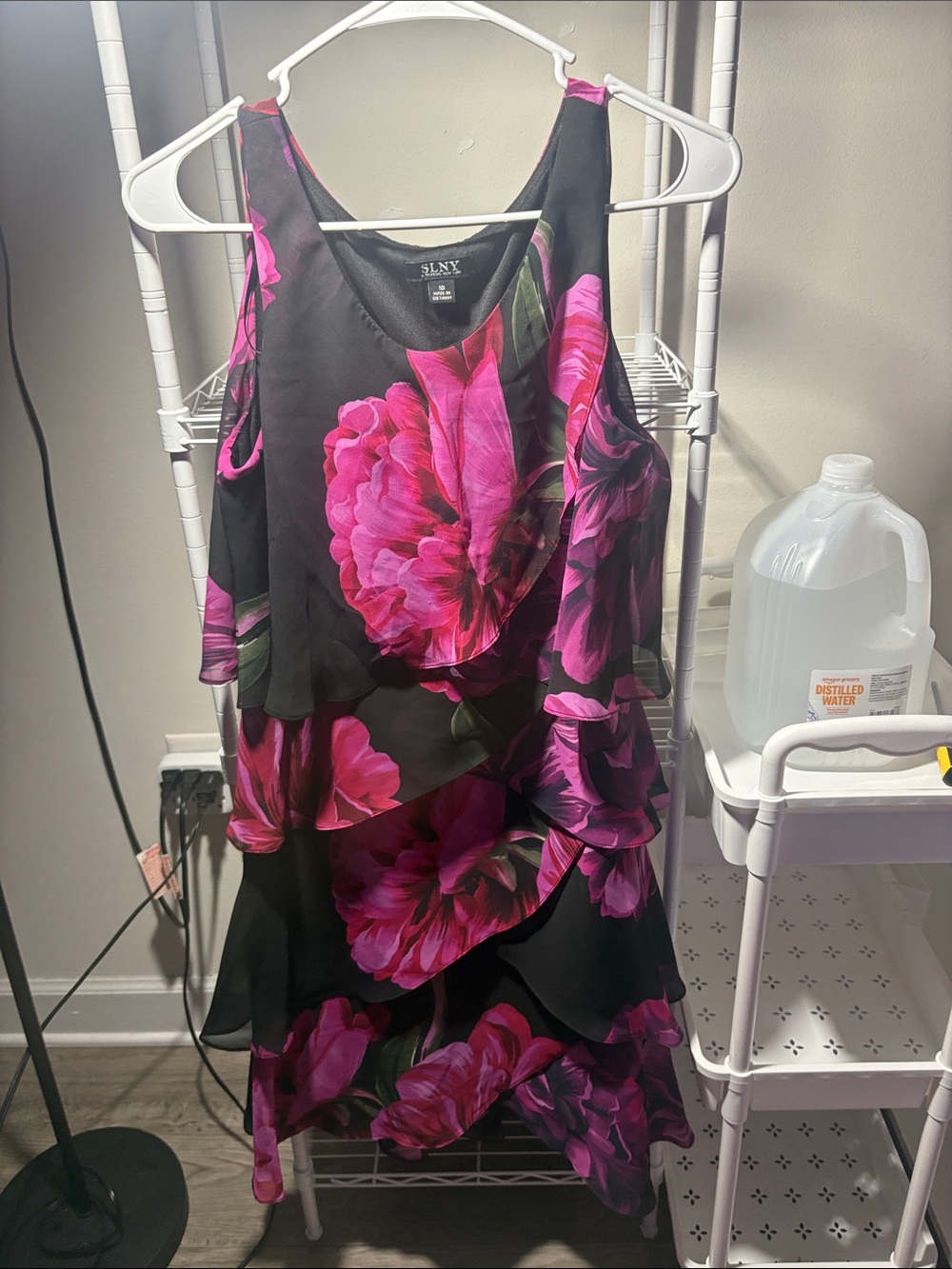 SLNY Black Midi Dress with Bold Pink Floral Print